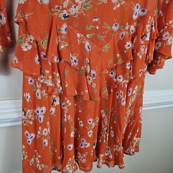 ASOS Crepe Sheer Peplum Ruffle Shoulder Dress Fully Lined Size 0 Red Floral 1518 - Picture 8 of 15